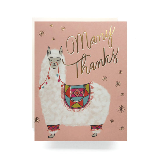 Thank you card featuring a cute alpaca illustration with a colorful blanket and "many Thanks" in gold foil.