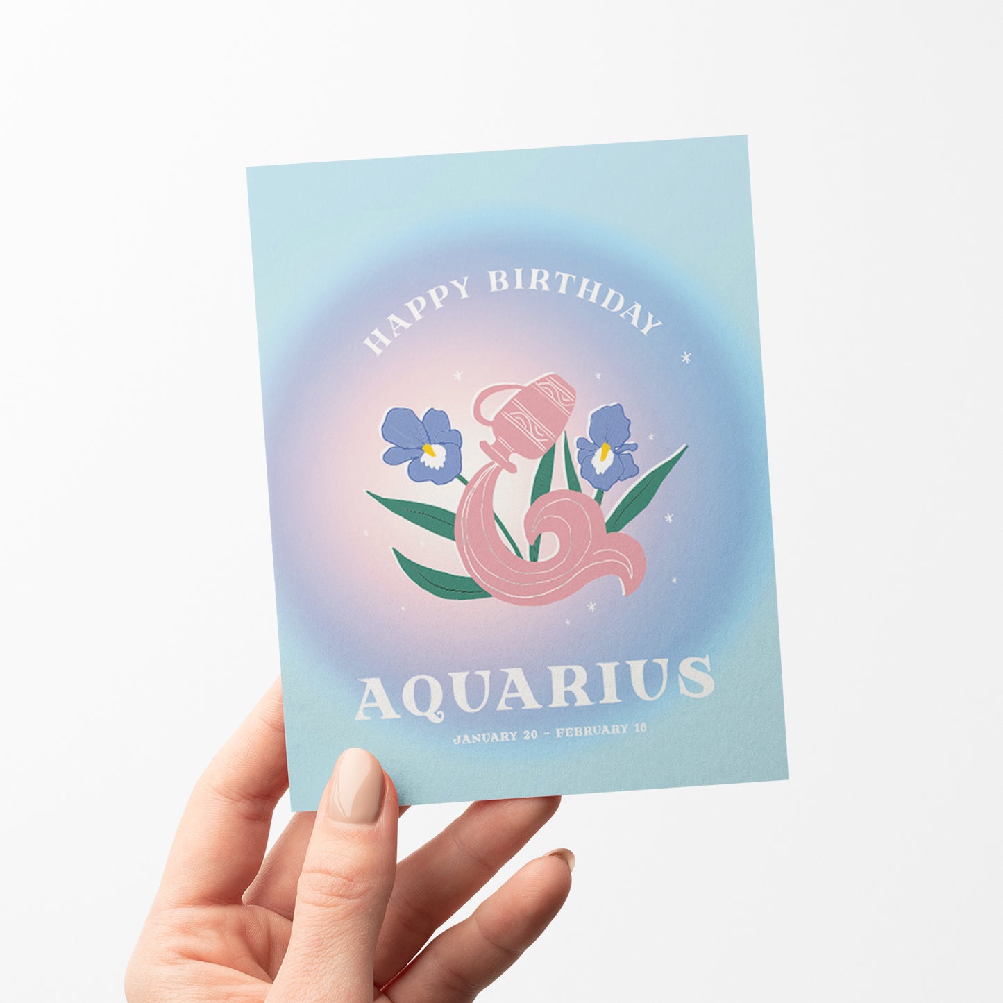 Modern birthday card featuring the Aquarius symbol with abstract water motifs and electric colors, celebrating Aquarius's innovative and humanitarian spirit.