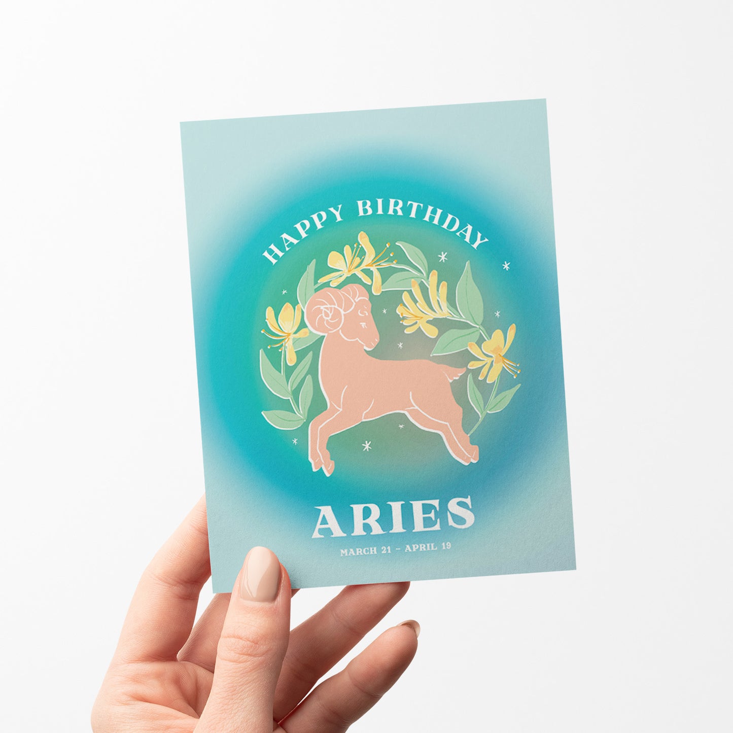 Dynamic birthday card featuring the Aries symbol with bright blues and bold designs, celebrating the adventurous and passionate spirit of Aries.