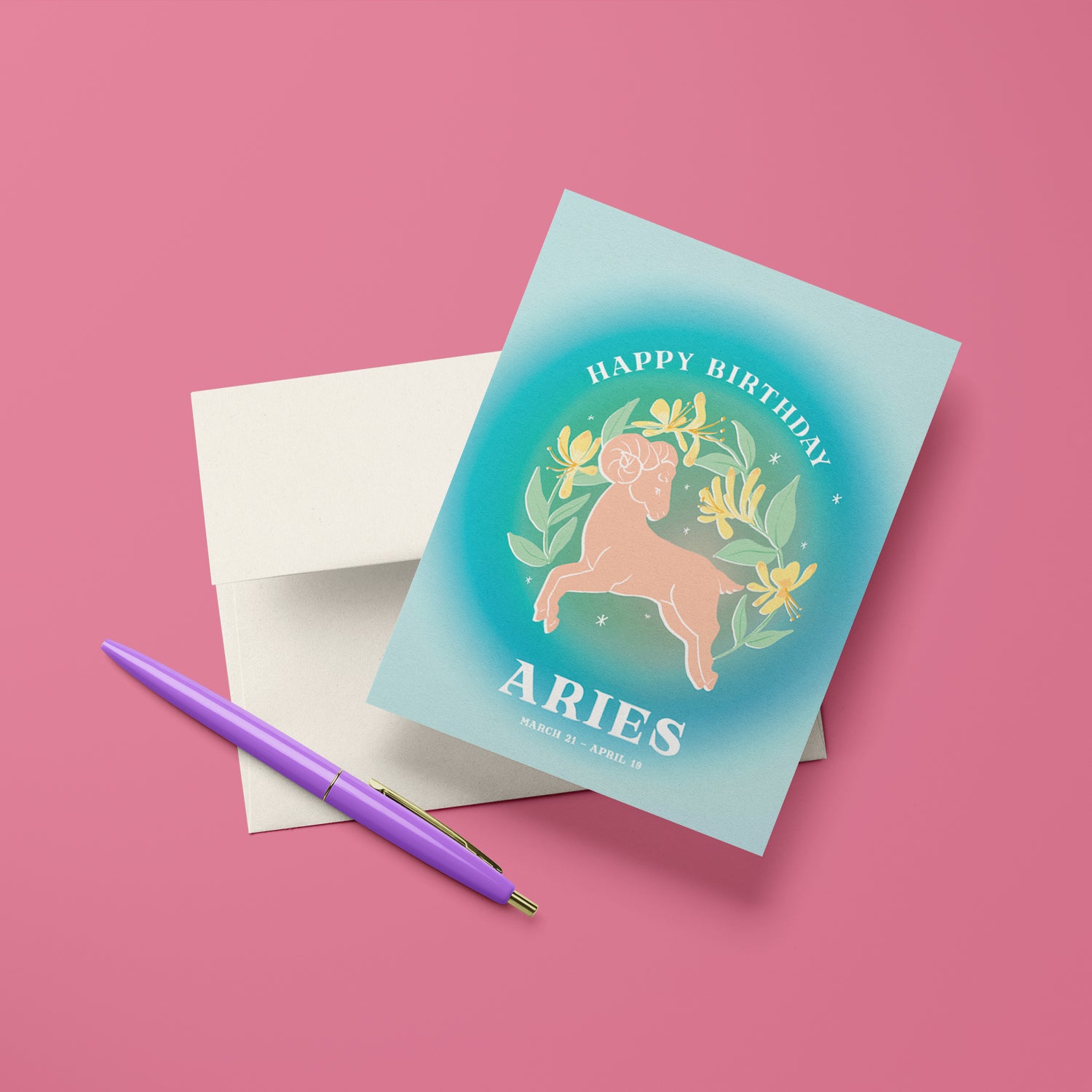 Dynamic birthday card featuring the Aries symbol with bright blues and bold designs, celebrating the adventurous and passionate spirit of Aries.