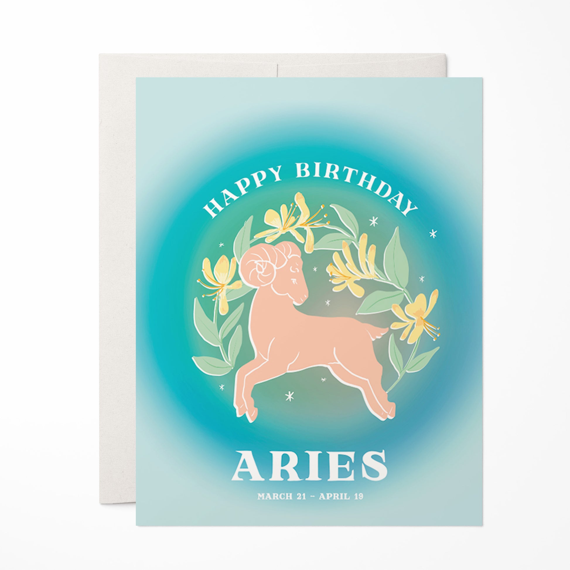 Dynamic birthday card featuring the Aries symbol with bright blues and bold designs, celebrating the adventurous and passionate spirit of Aries.