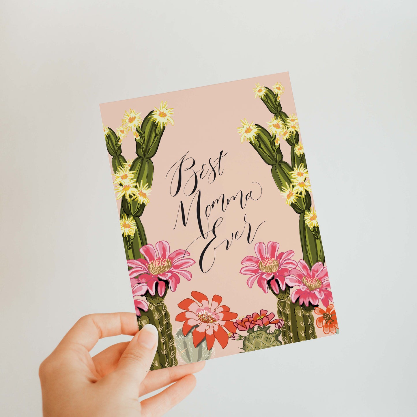 Cactus Blooms Mom card with blooming desert flowers, ideal for Mother’s Day and plant-loving moms.