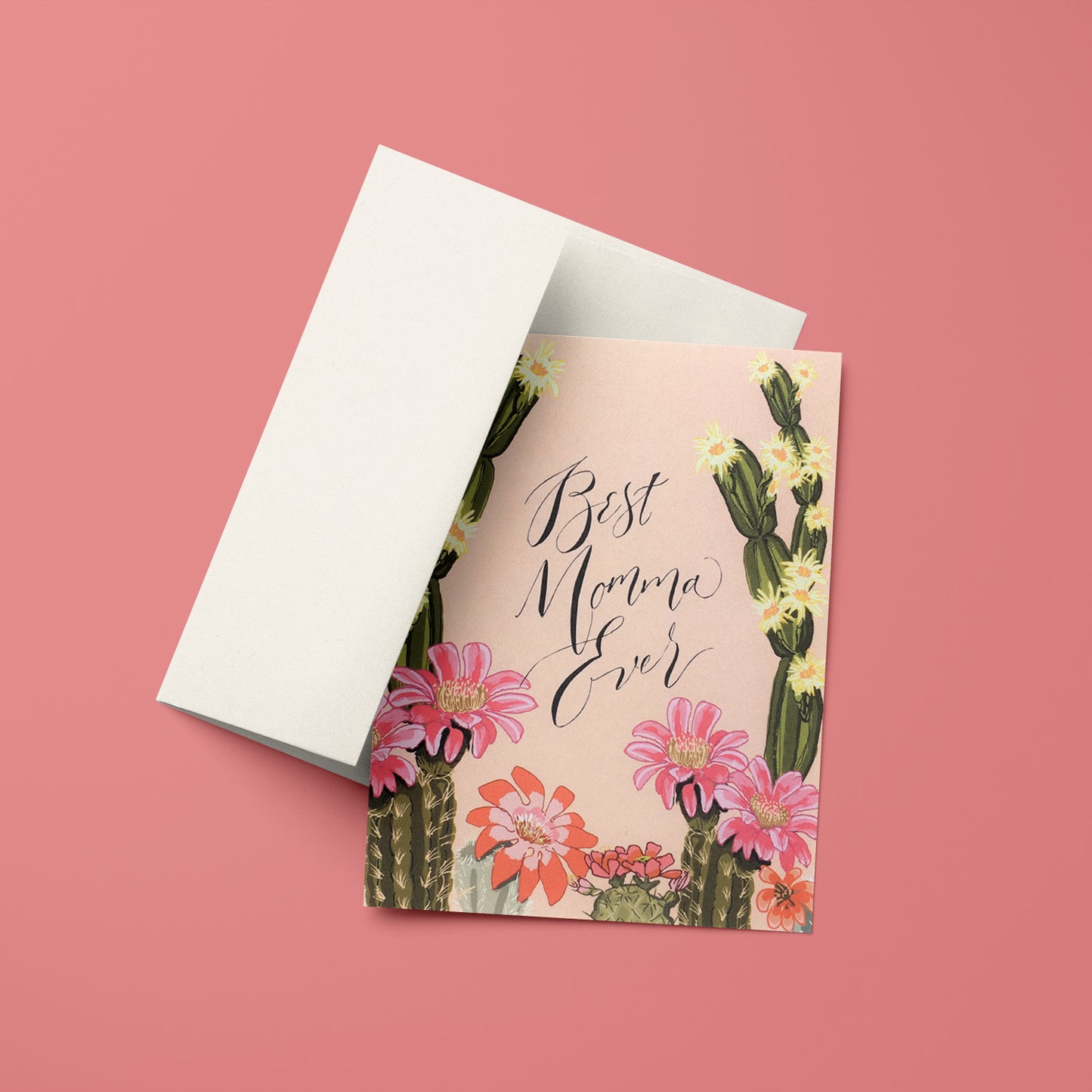 Cactus Blooms Mom card with blooming desert flowers, ideal for Mother’s Day and plant-loving moms.