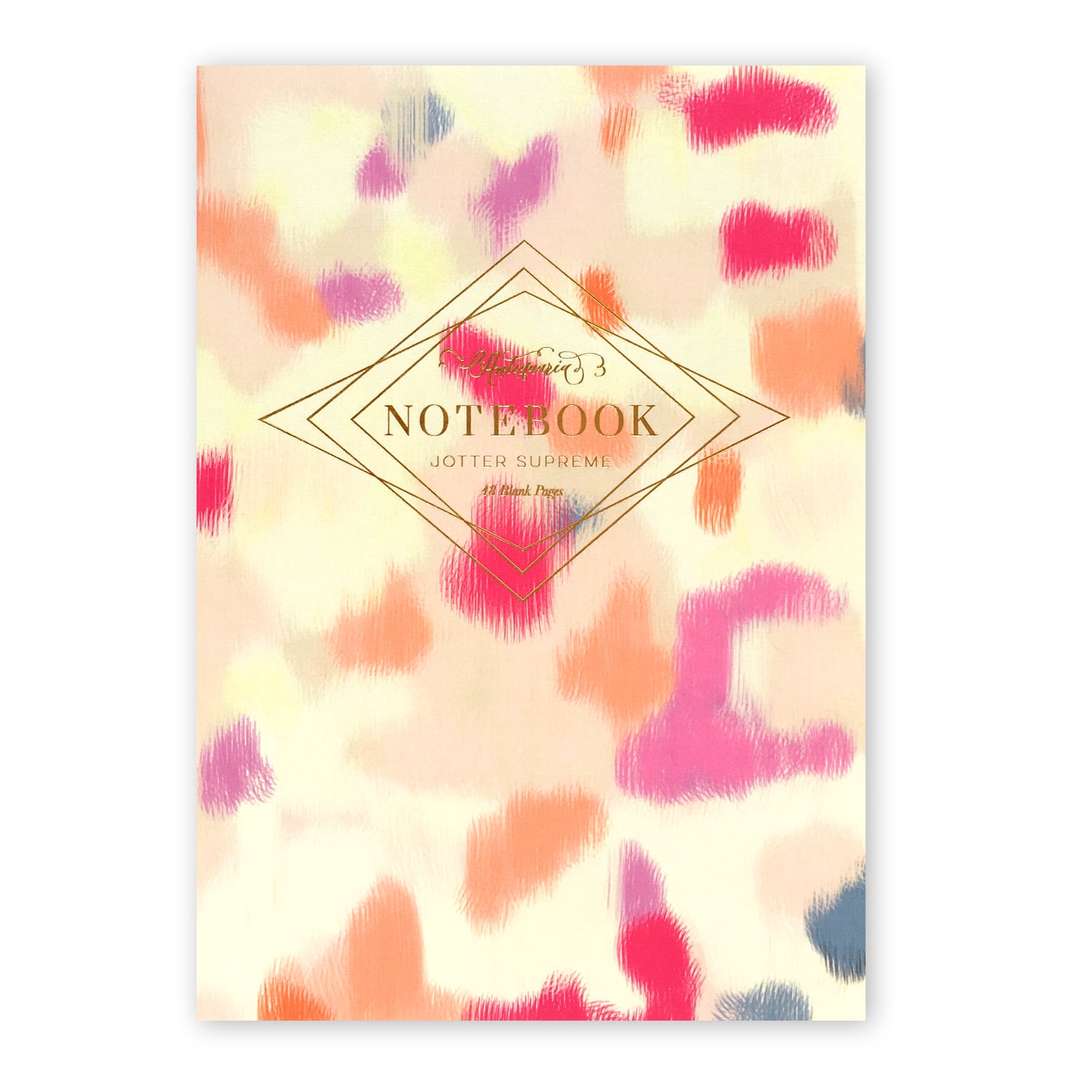 colorful softcover staple-bound notebook. Blank interior pages. 