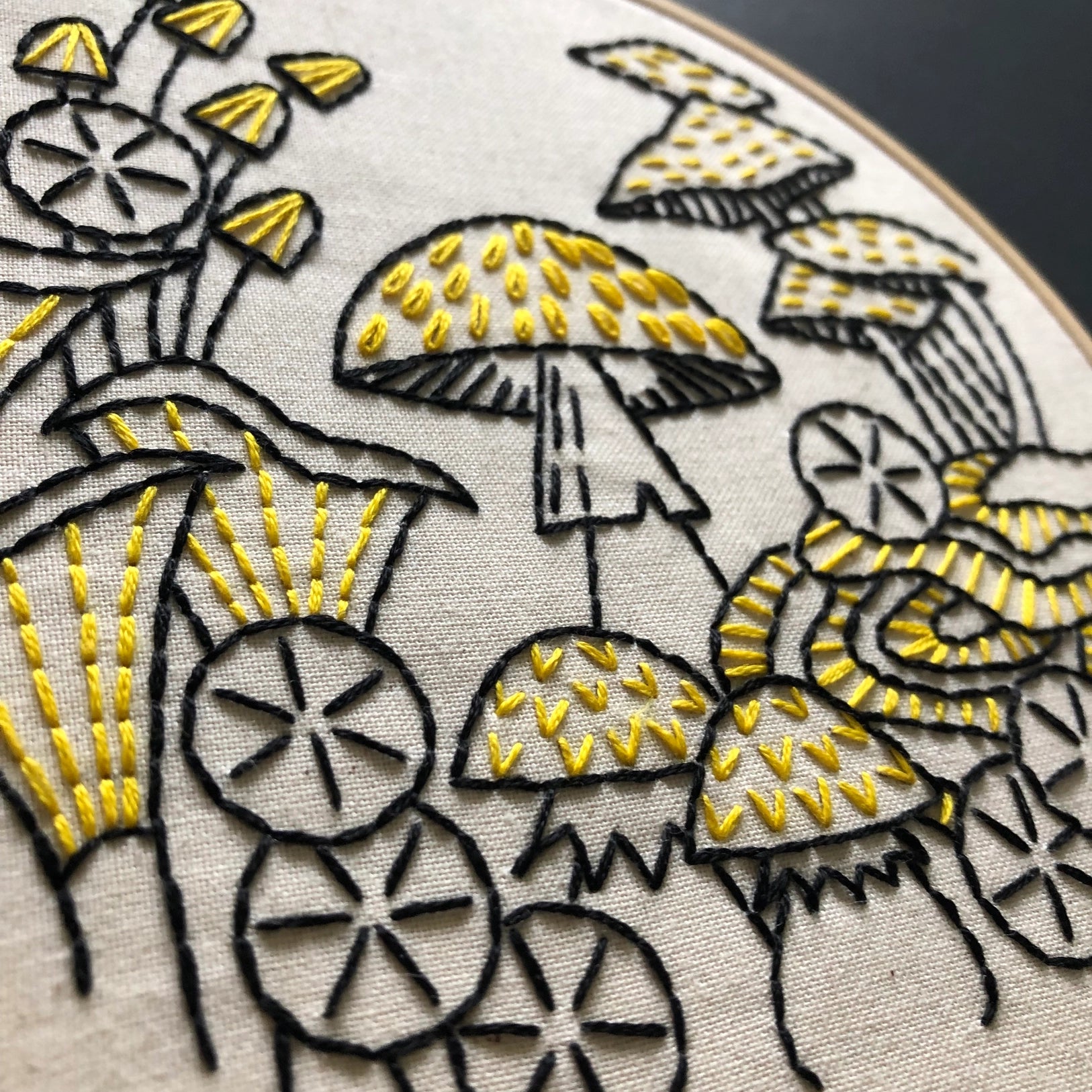 Embroidery kit with fabric, wooden hoop, thread, needle, and instructions for beginners, featuring a mushroom design.