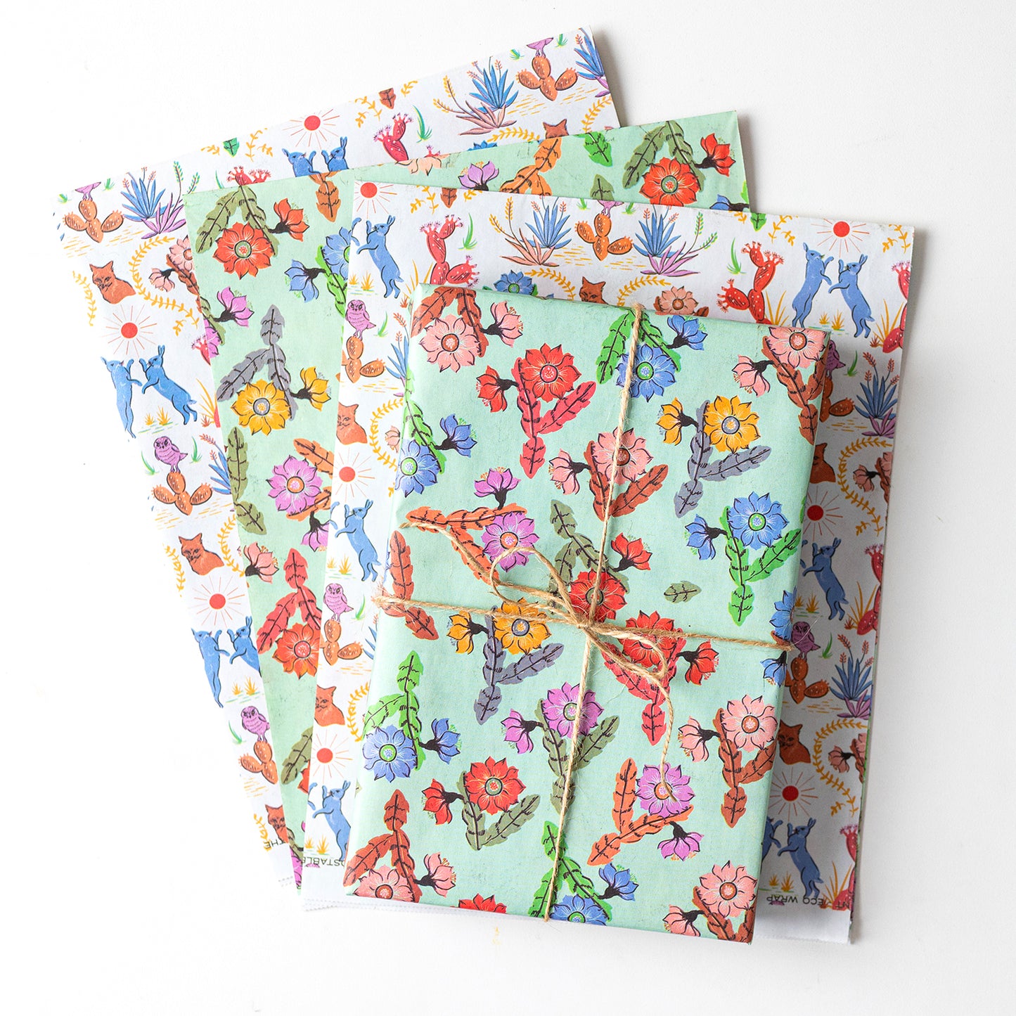 Eco-friendly double-sided gift wrap featuring vibrant desert flora designs on both sides one hundred percent recyclable and compostable.