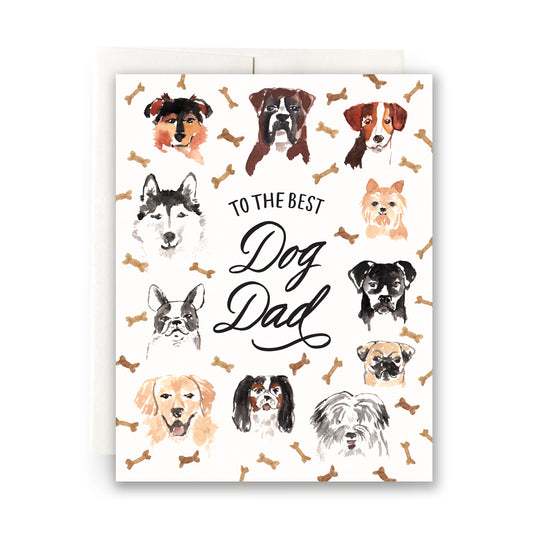 Best Dog Dad card featuring a cute puppy illustrations and dog bones, ideal for dog-loving fathers.