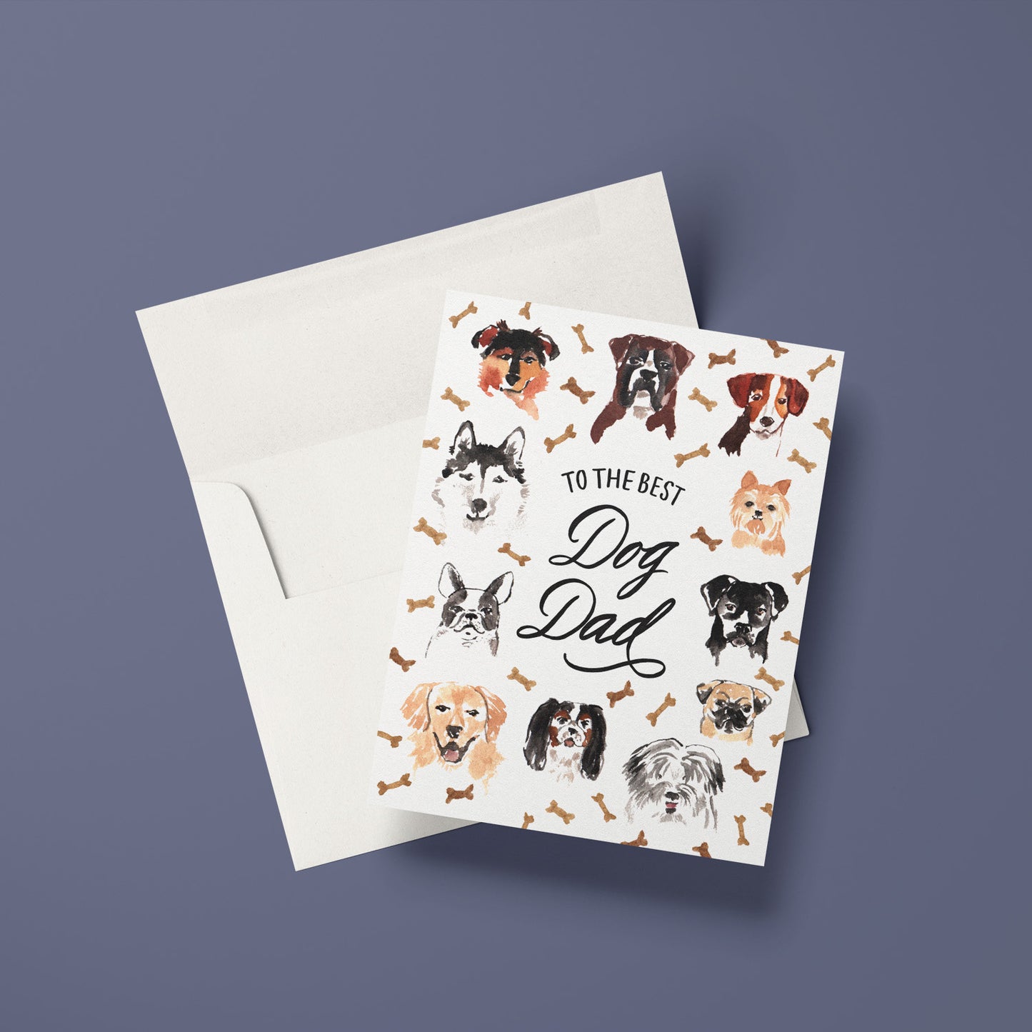 Best Dog Dad card featuring a cute puppy illustrations and dog bones, ideal for dog-loving fathers.