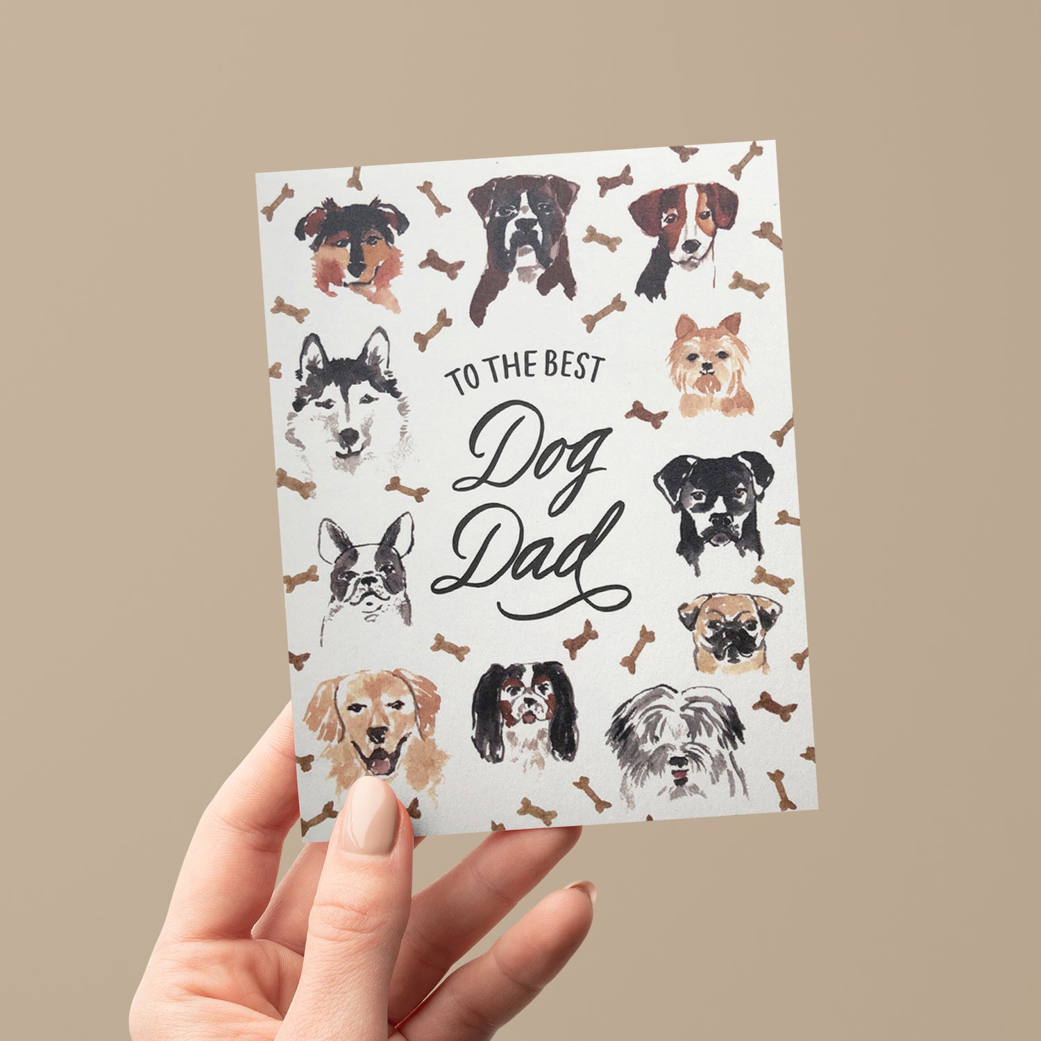 Best Dog Dad card featuring a cute puppy illustrations and dog bones, ideal for dog-loving fathers.