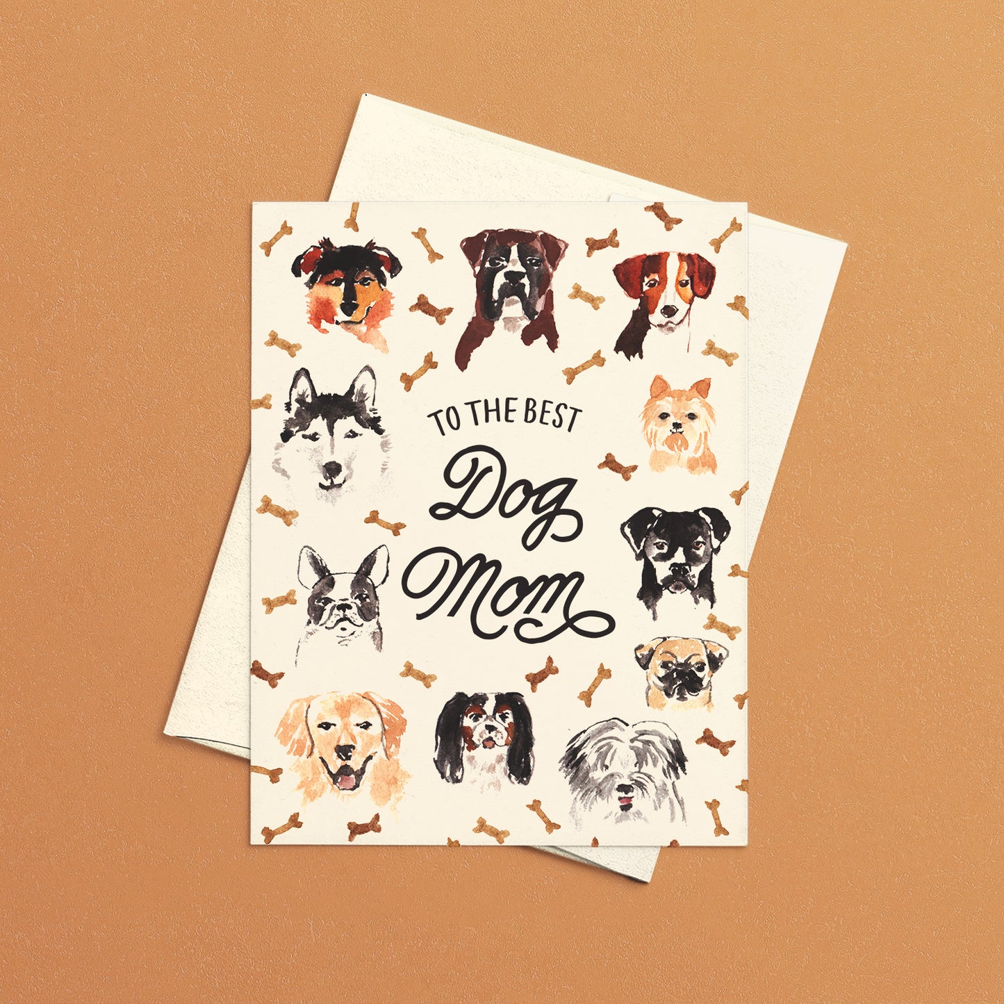 Best Dog mom card featuring a cute puppy illustrations and dog bones, ideal for dog-loving mothers.