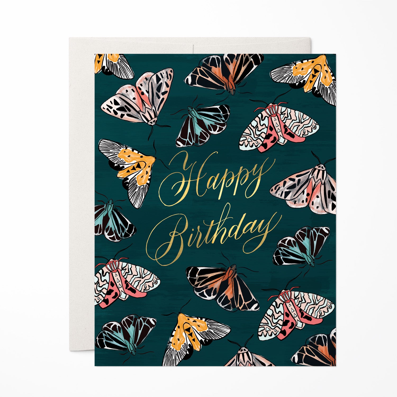 Elegant birthday card showcasing detailed moth illustrations on a emerald green background, ideal for nature enthusiasts.