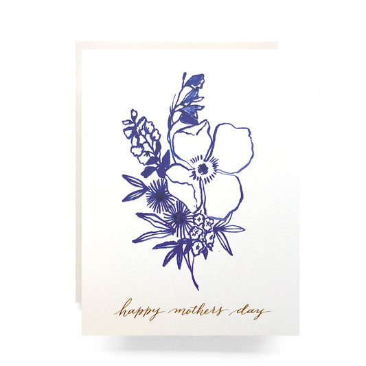 Indigo Bouquet Mother's Day card with a botanical blue flower design, great for celebrating moms who love florals