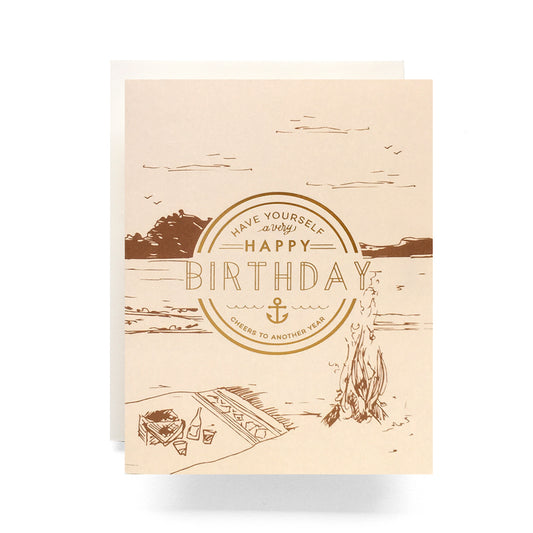 Sophisticated birthday card featuring a beach camp scene, perfect for an adventurous birthday celebration.