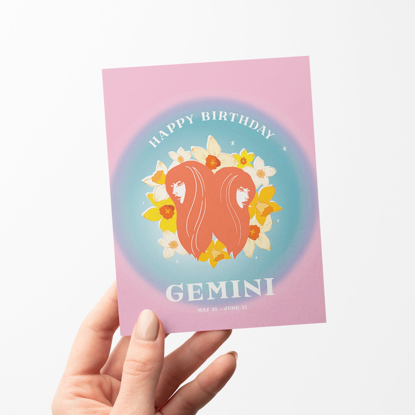 Playful birthday card with the Gemini symbol, featuring dual imagery and vibrant colors to represent Gemini's lively and curious nature.