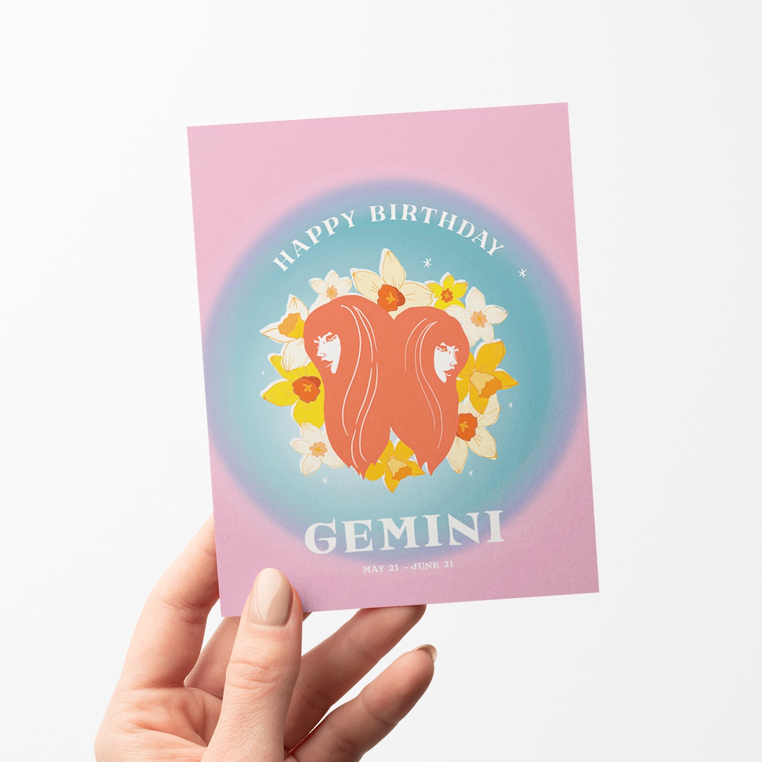 Playful birthday card with the Gemini symbol, featuring dual imagery and vibrant colors to represent Gemini's lively and curious nature.