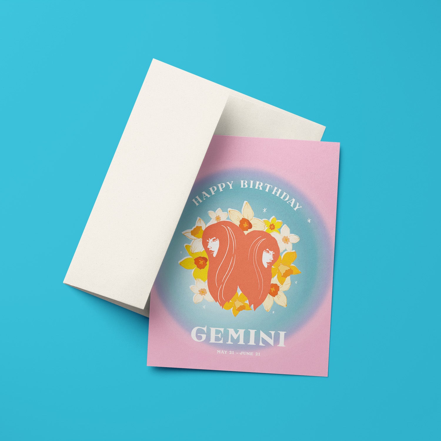 Playful birthday card with the Gemini symbol, featuring dual imagery and vibrant colors to represent Gemini's lively and curious nature.