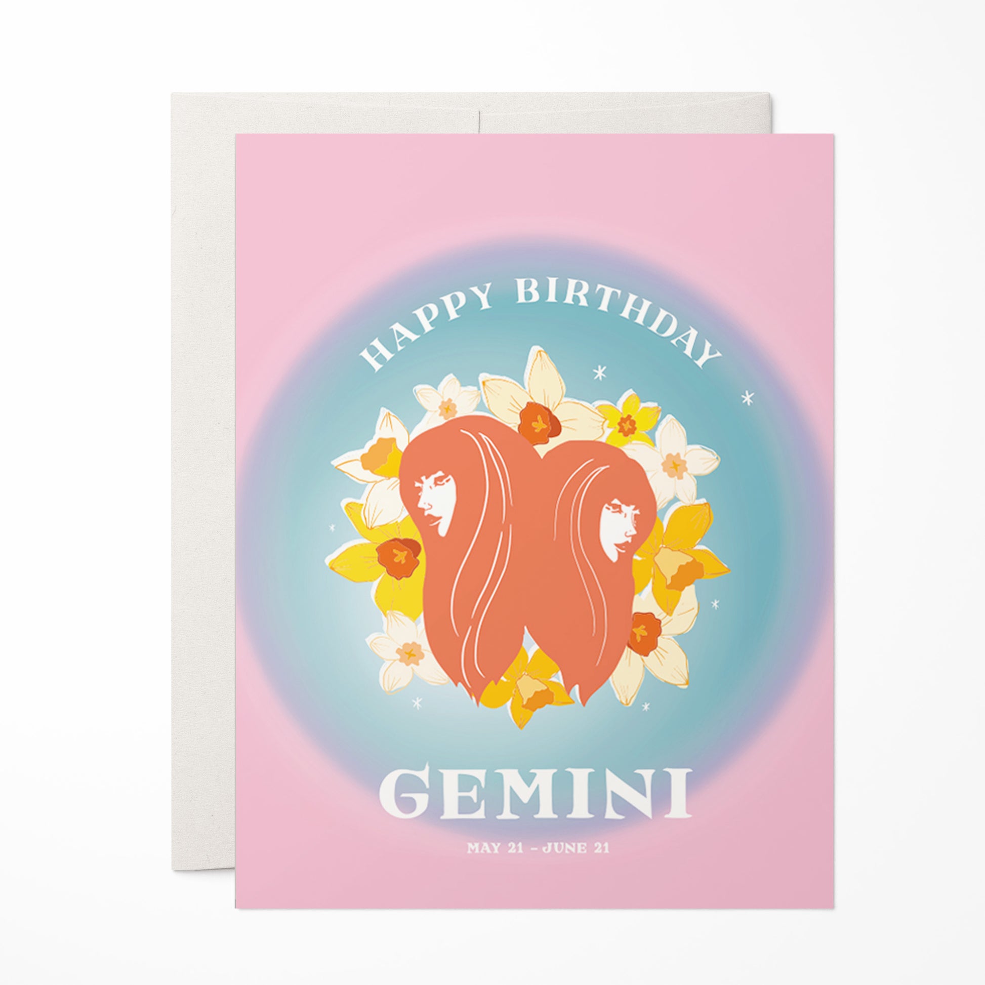 Playful birthday card with the Gemini symbol, featuring dual imagery and vibrant colors to represent Gemini's lively and curious nature.