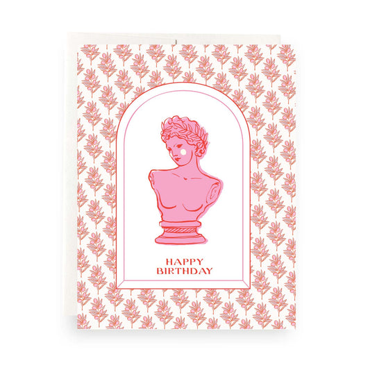 Stylish birthday card inspired by Grecian motifs, with classic patterns and ancient Greek bust, ideal for an elegant celebration.