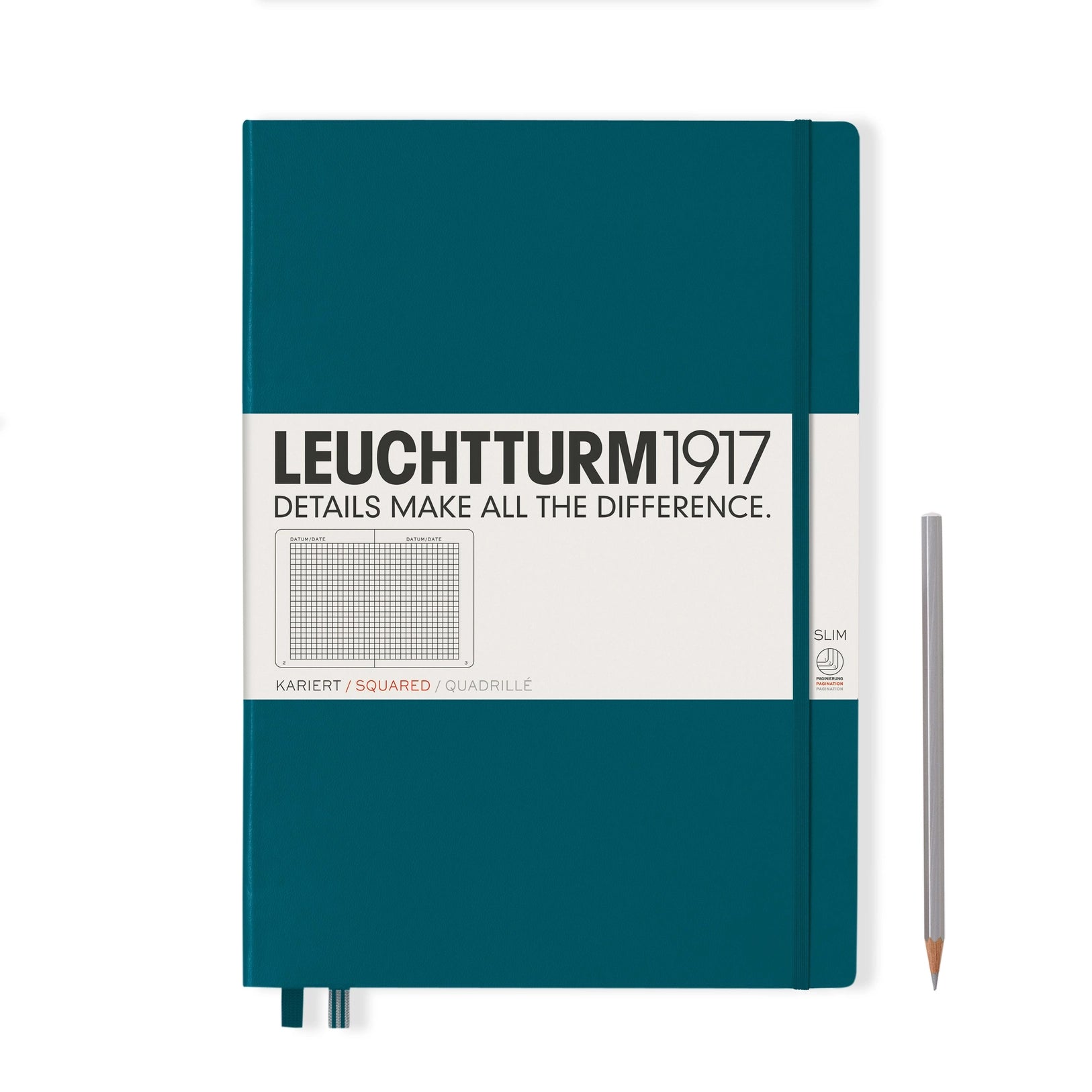 Hardcover square grid notebook in pacific green, great for technical sketches, graphs, and creative planning.