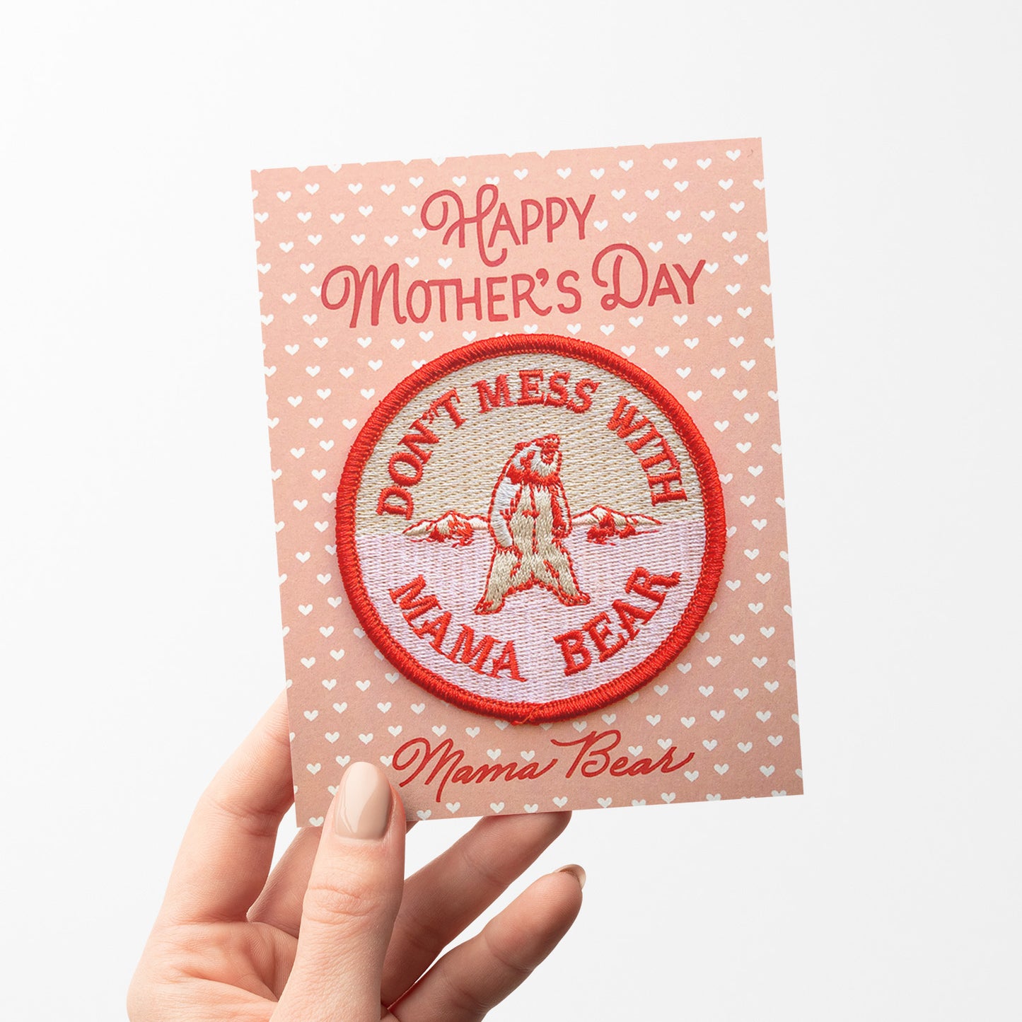 Mama Bear Mother's Day card featuring an iron-on patch with a fierce  bear design, perfect for celebrating moms with a keepsake patch.