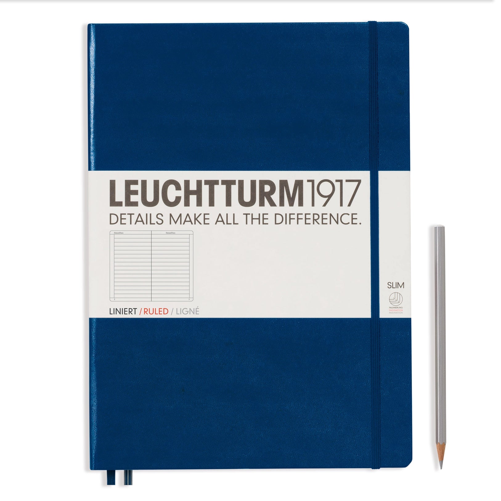 Large A4 Slim navy blue hardcover notebook with lined pages, a perfect companion for everyday writing tasks.