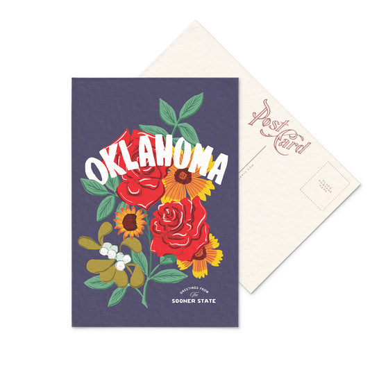 Colorful Oklahoma postcard displaying the Indian Blanket, the state's striking red and yellow state flower in a beautiful bouquet of other natural state wildflowers.