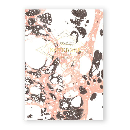 pink and white softcover staple-bound notebook featuring a marble design. Blank interior pages. 