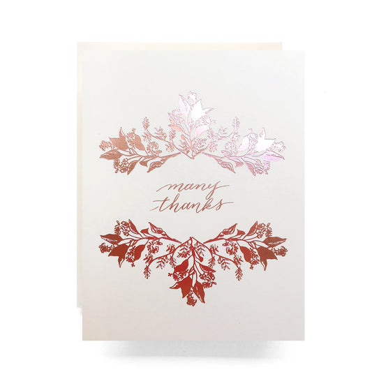 Rose gold foiled thank you card with elegant script that reads 'Many Thanks.' and elegant botanical motif Minimalist and stylish design perfect for any occasion.