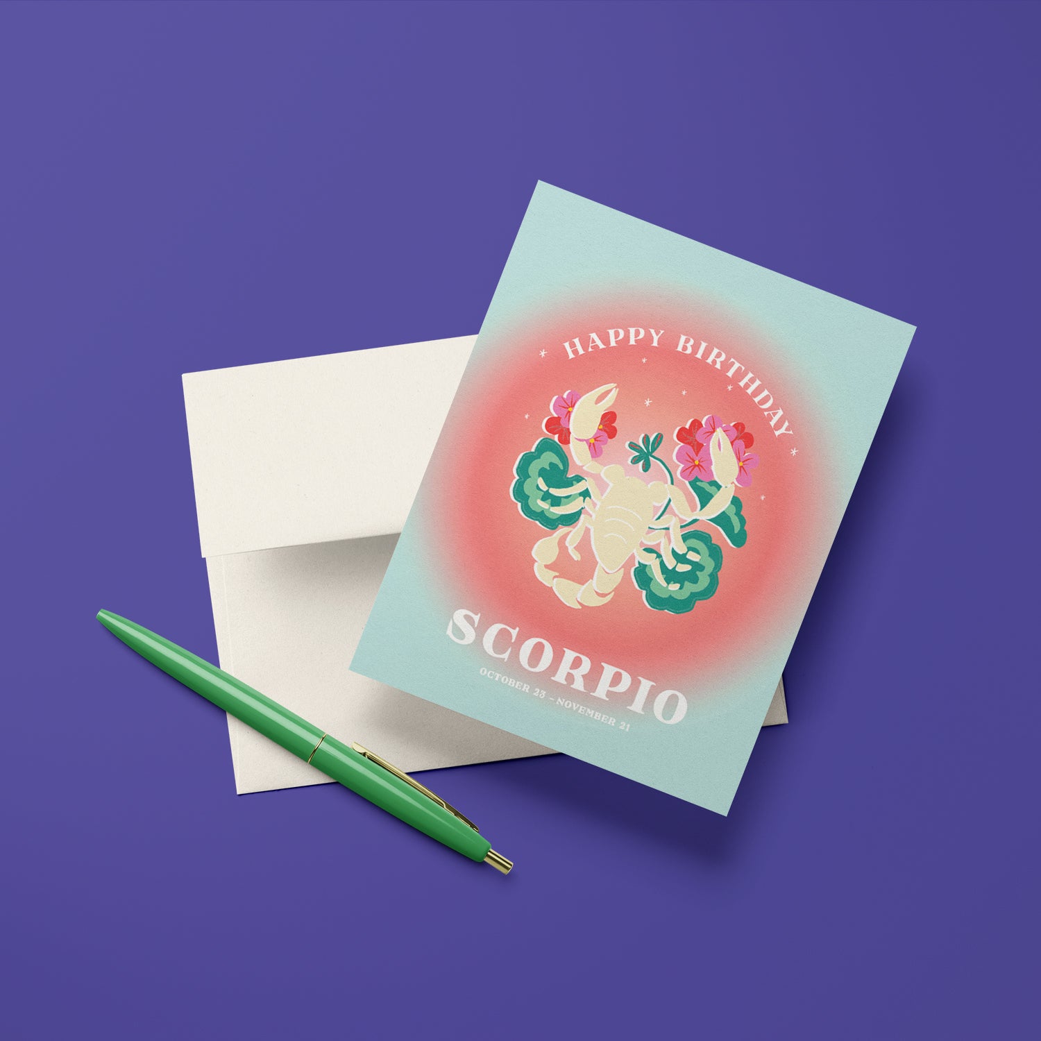 Mysterious birthday card with the Scorpio symbol in bright hues and a scorpion motif, capturing Scorpio's intensity and depth.