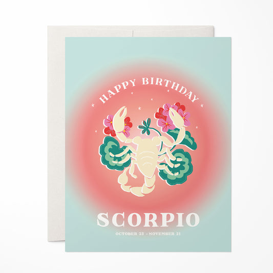 Mysterious birthday card with the Scorpio symbol in bright hues and a scorpion motif, capturing Scorpio's intensity and depth.