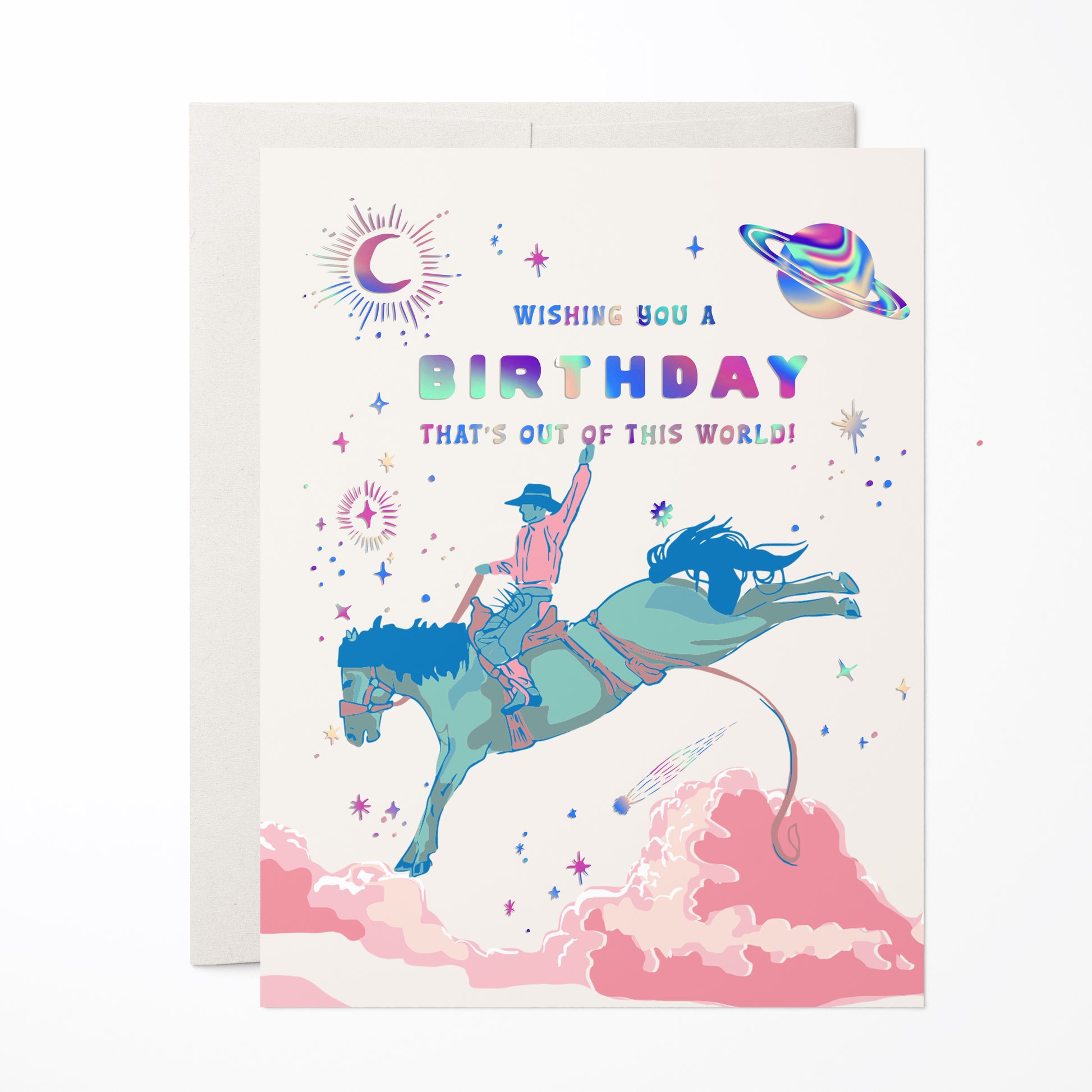 Unique birthday card blending cowboy elements with outer space, featuring stars, planets, and western motifs for a fun, cosmic celebration.