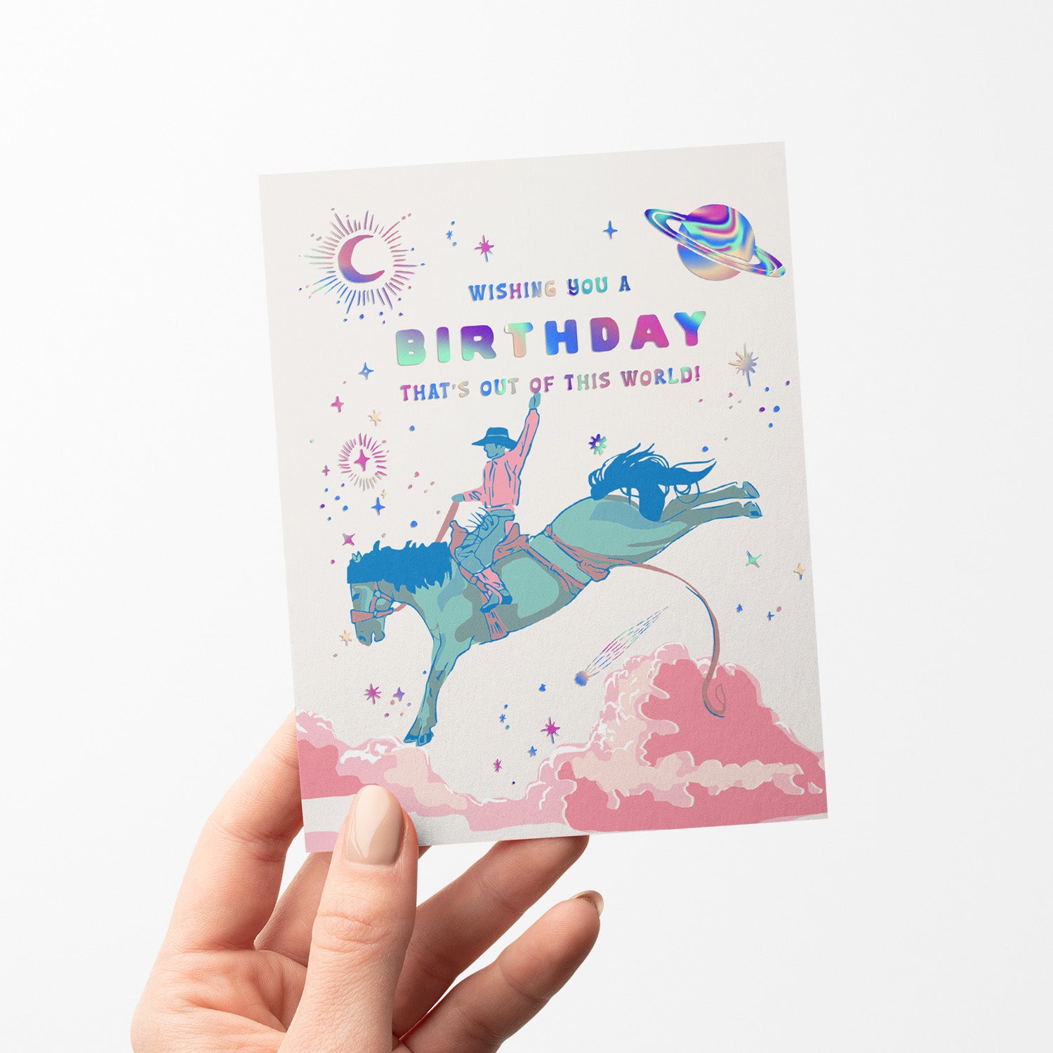 Unique birthday card blending cowboy elements with outer space, featuring stars, planets, and western motifs for a fun, cosmic celebration.