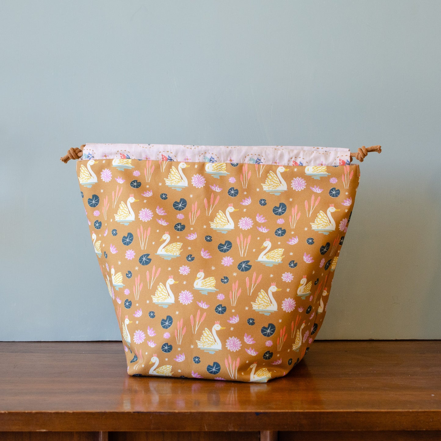 Gather Bag Drawstring Project Bag | Handmade Knitting & Sewing Project Bag, Swans
