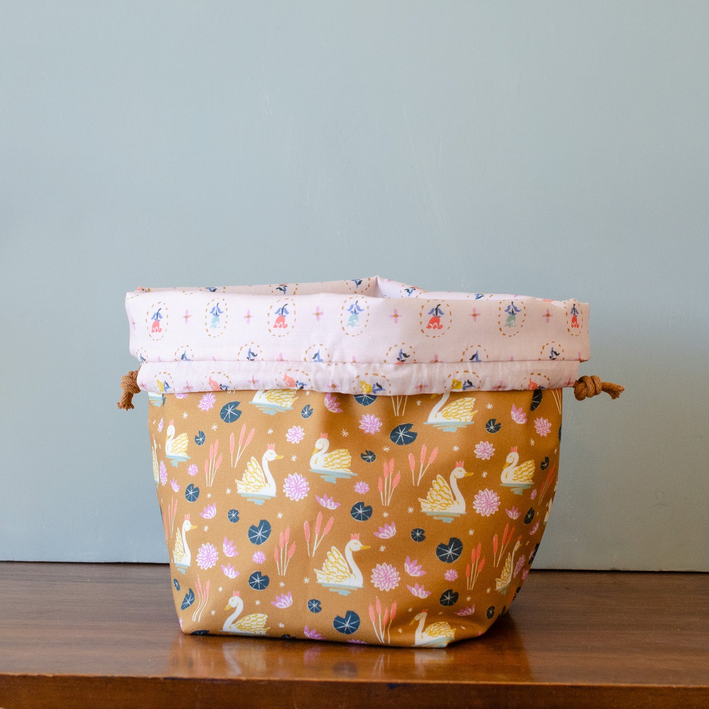 Gather Bag Drawstring Project Bag | Handmade Knitting & Sewing Project Bag, Swans