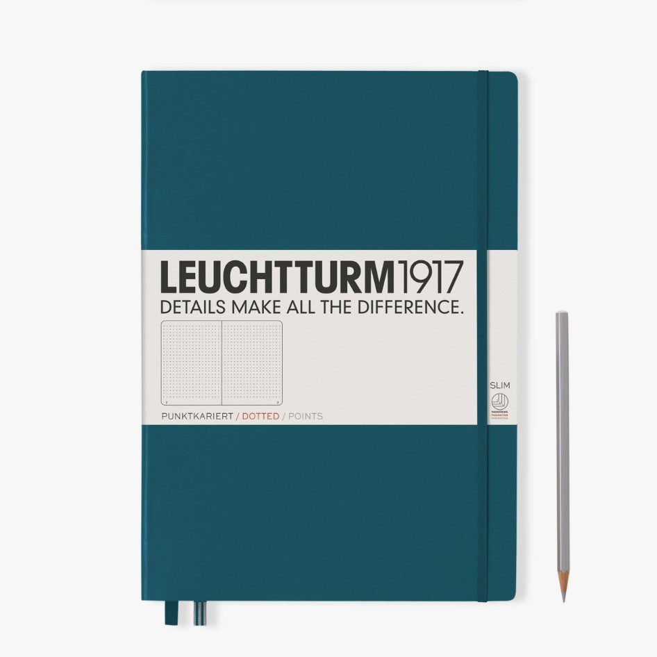 Large hardcover dot grid notebook in classic teal green, ideal for bullet journaling and creative sketching.