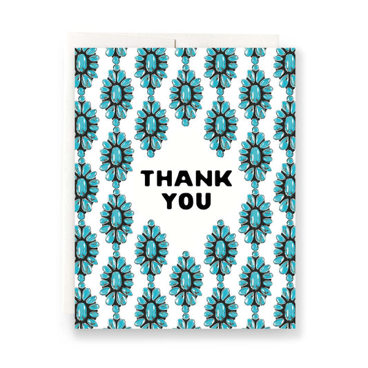 Turquoise thank you card with a bold, vibrant turquoise jewelry, featuring simple and modern typography. A southwest themed card for showing appreciation.