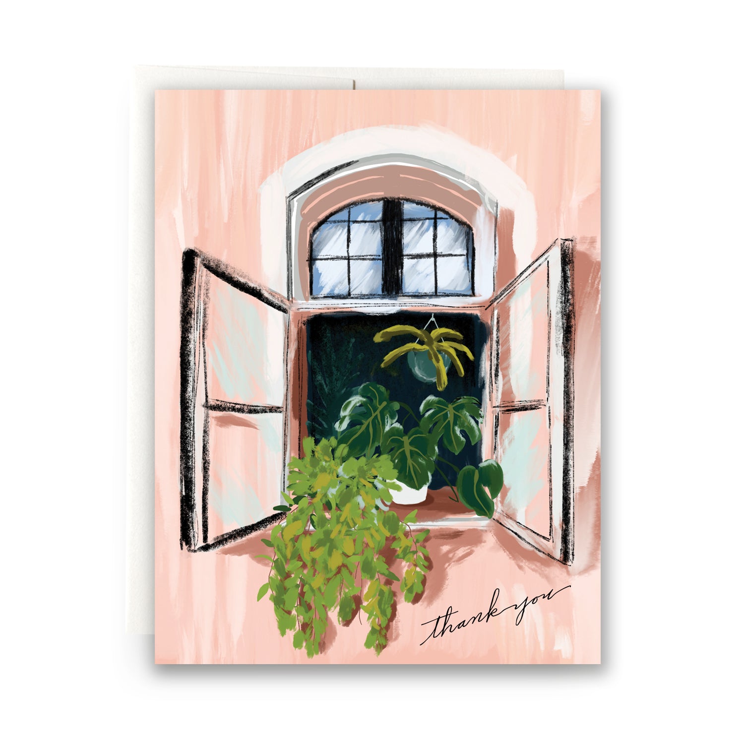 Thank you card with a windowbox design, showcasing colorful house plants in a quaint window frame. Charming and plant-themed card for sending gratitude.