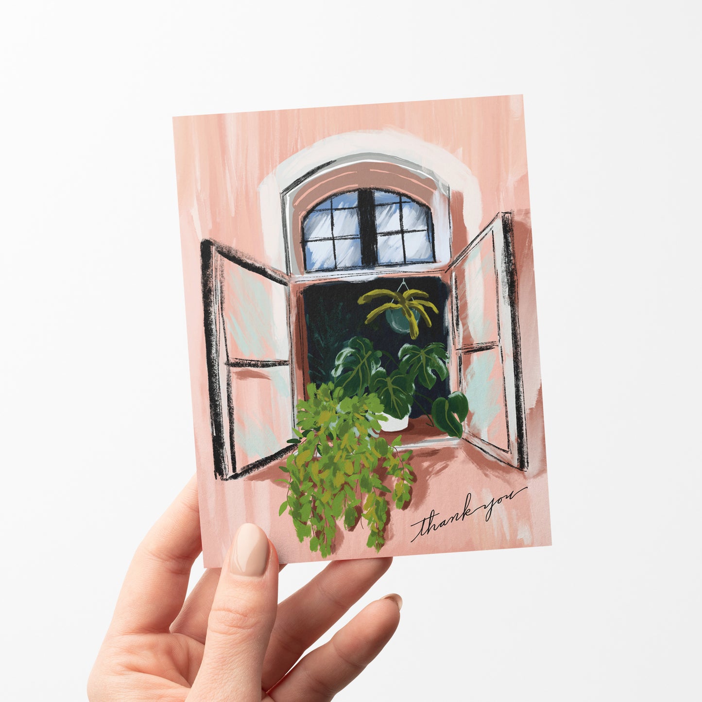 Thank you card with a windowbox design, showcasing colorful house plants in a quaint window frame. Charming and plant-themed card for sending gratitude.