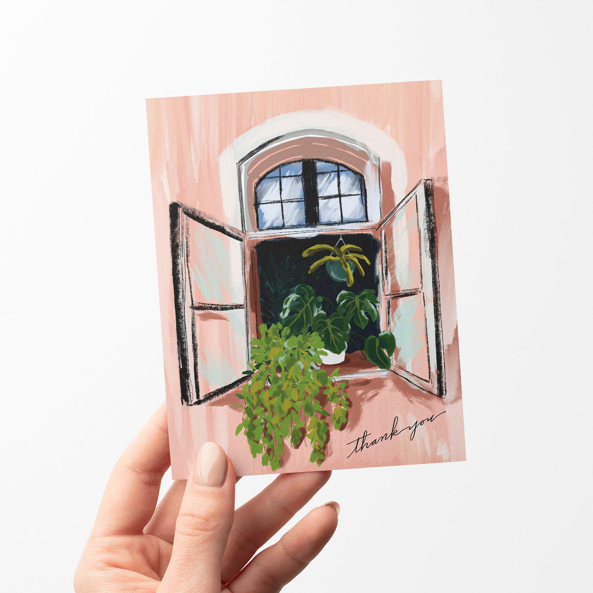 Thank you card with a windowbox design, showcasing colorful house plants in a quaint window frame. Charming and plant-themed card for sending gratitude.