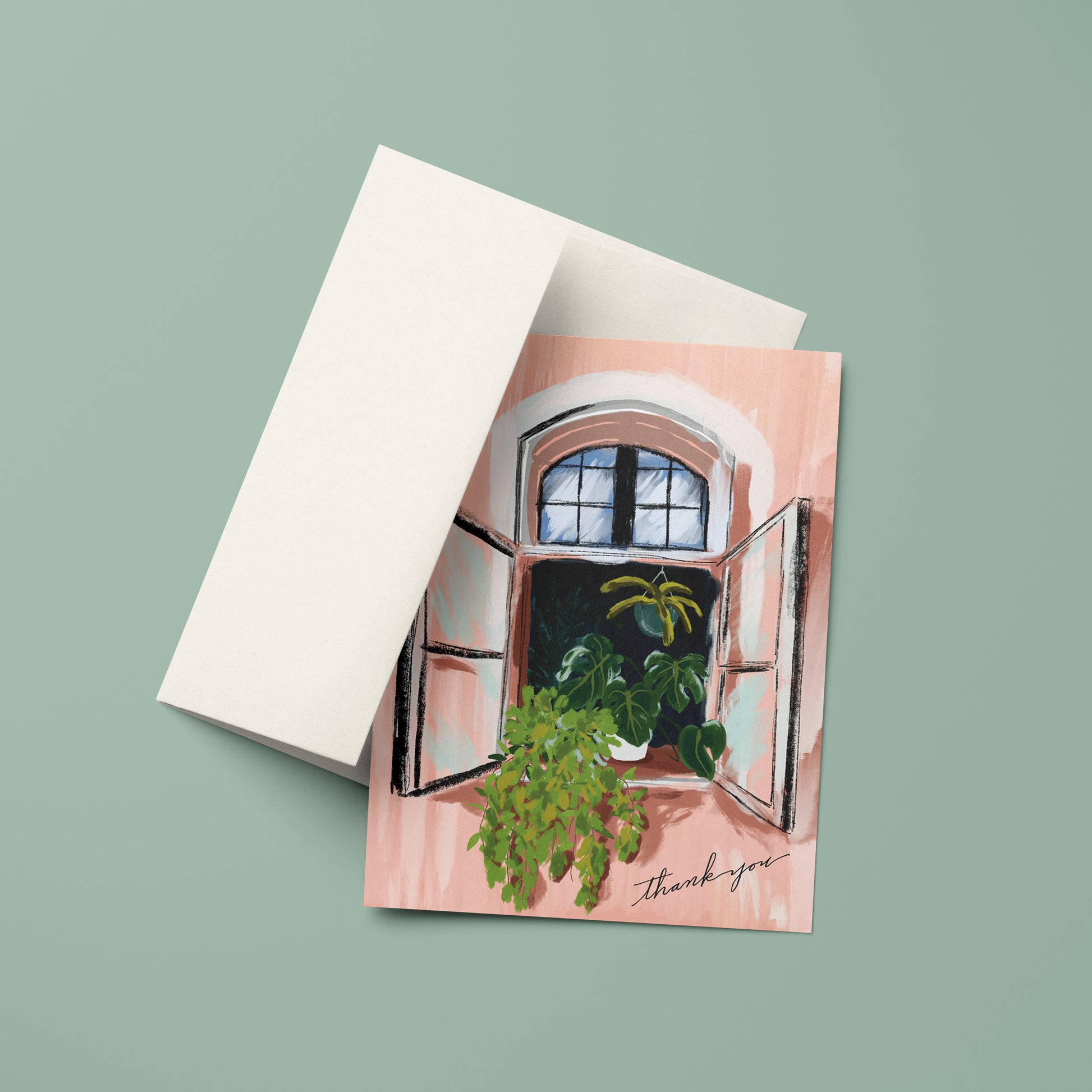 Thank you card with a windowbox design, showcasing colorful house plants in a quaint window frame. Charming and plant-themed card for sending gratitude.