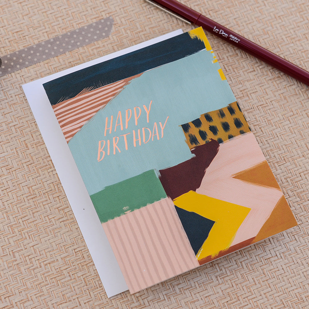 Colorful abstract design featuring vibrant shapes and patterns for a cheerful birthday greeting card.