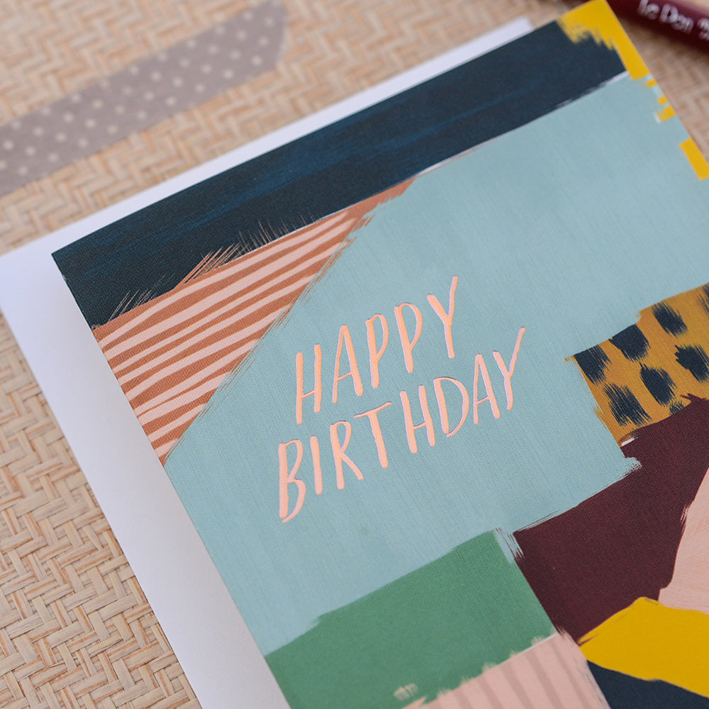 Colorful abstract design featuring vibrant shapes and patterns for a cheerful birthday greeting card.