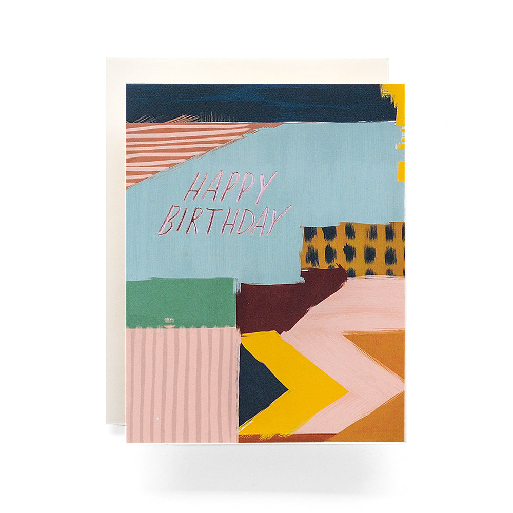 Colorful abstract design featuring vibrant shapes and patterns for a cheerful birthday greeting card.