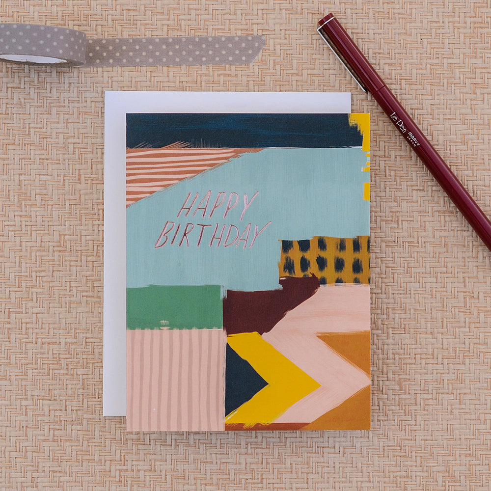 Colorful abstract design featuring vibrant shapes and patterns for a cheerful birthday greeting card.