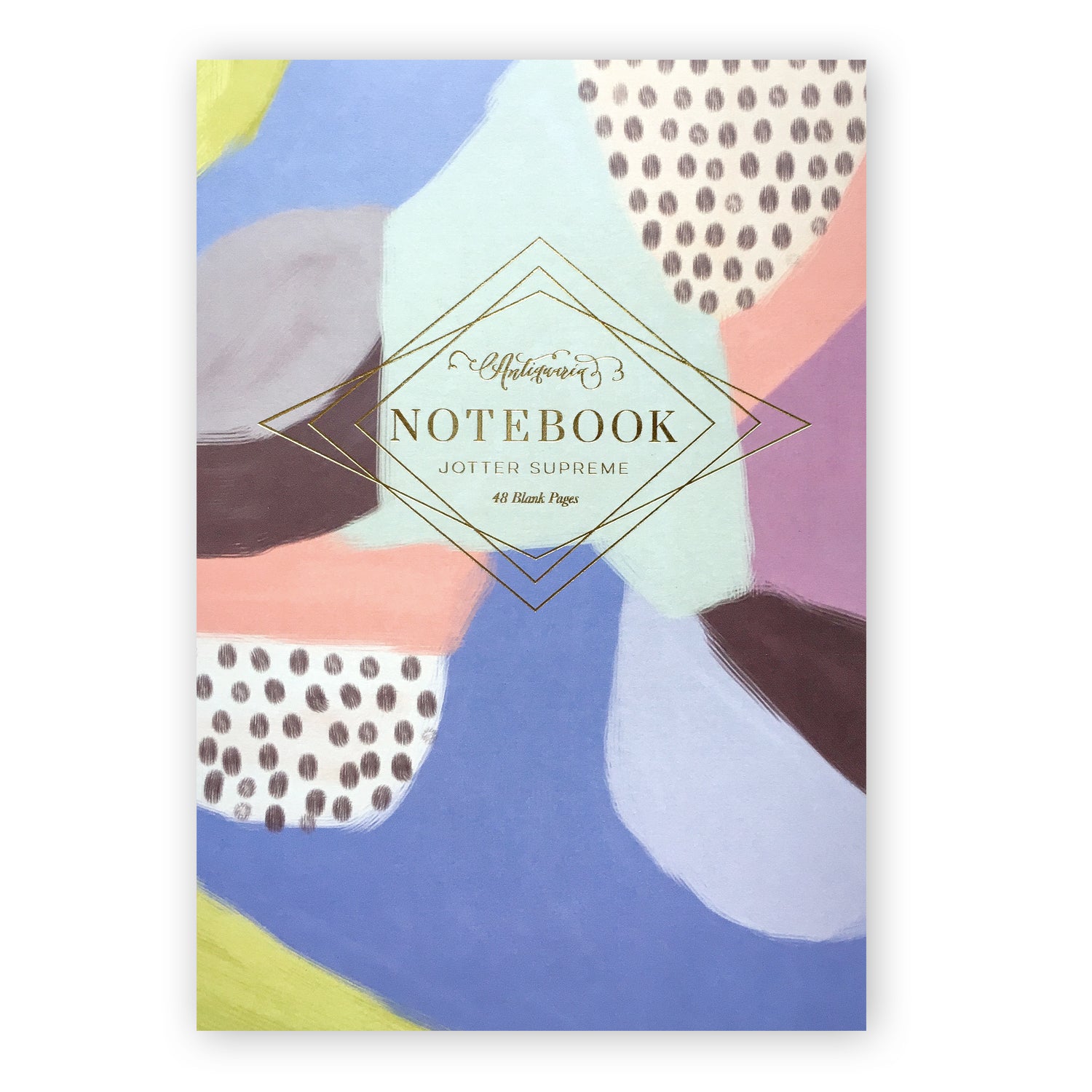 Multi-colored softcover staple-bound notebook featuring an abstracted design. Blank interior pages. 