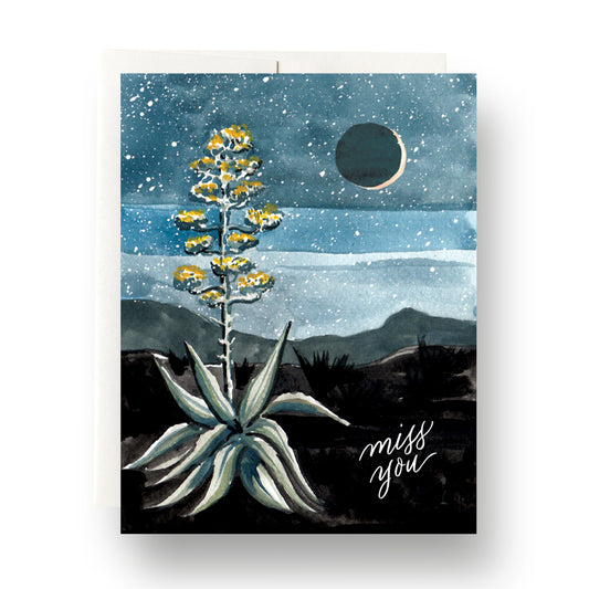 Agave Miss You greeting card with agave plant illustration against a desert landscape, perfect for succulent lovers