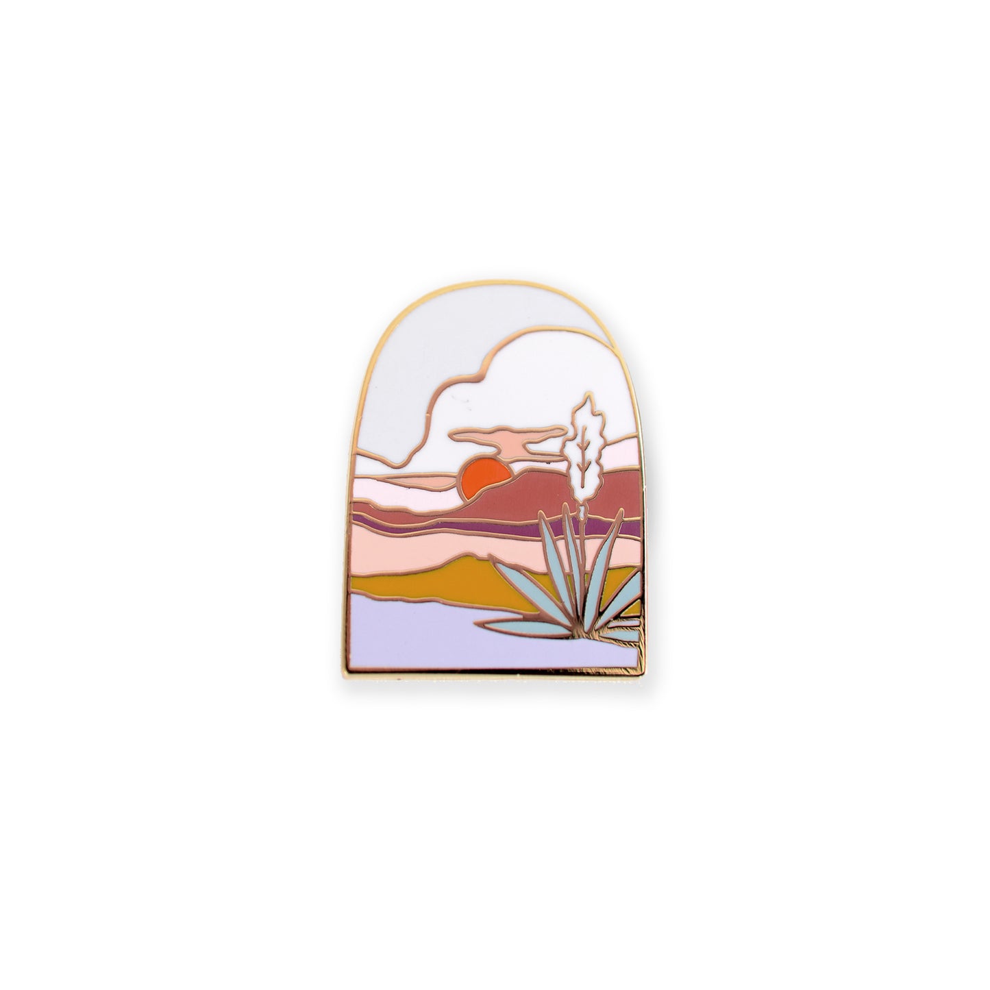 Desert scene featuring a beautiful agave enamel pin with gold accents, perfect for decorating jackets, bags, or stationery items