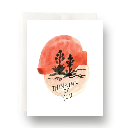 Agave Sunset Thinking of You card featuring agave silhouettes against a watercolor sunset, ideal for plant and nature enthusiasts