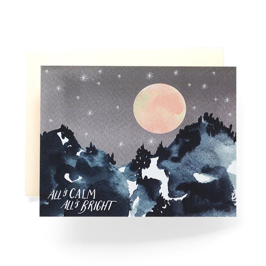 All is calm mountain holiday card featuring a peaceful mountain scene, ideal for sending serene holiday greetings, blank inside.