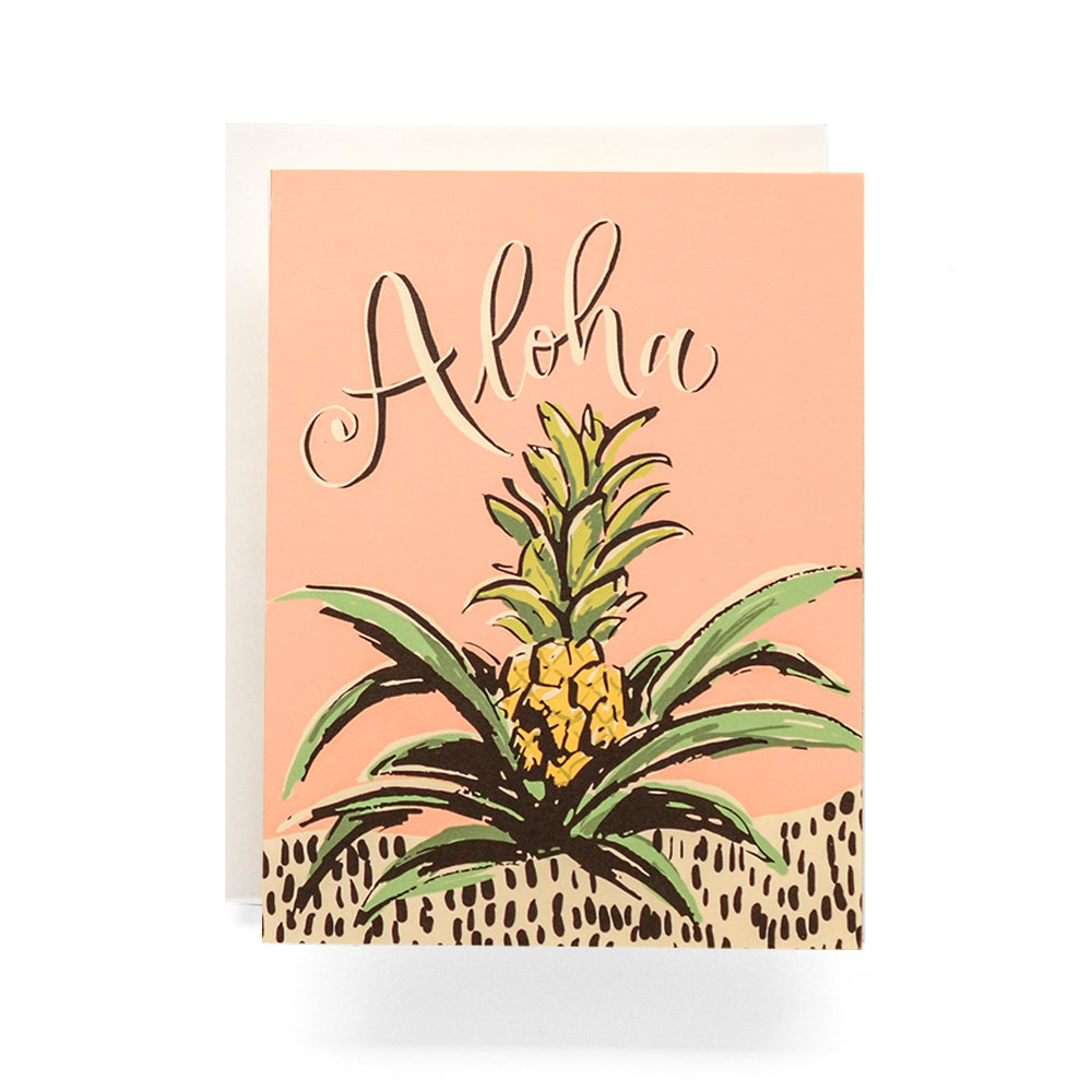 Aloha Pineapple greeting card featuring a tropical pineapple illustration and calligraphy, ideal for island vibes.